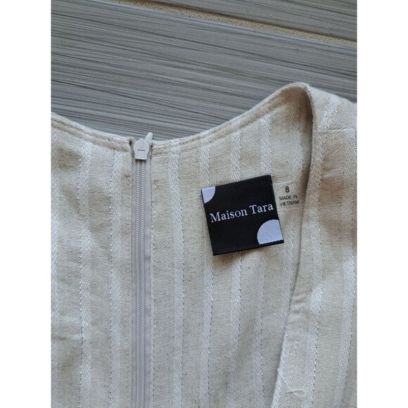 Maison Tara Beige Wide Leg Linen Bld Jumpsuit Belt Size 8 Sleeveless Striped - Picture 6 of 12